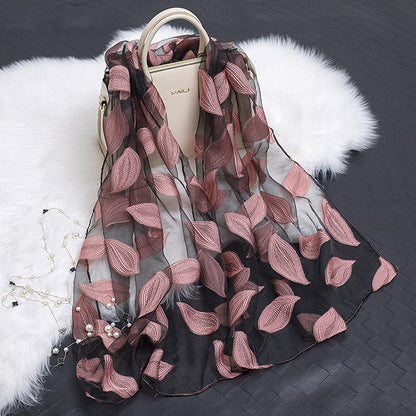 Trendy women's silk scarf with floral pattern and cut-out design – Fiora (1+1 FREE)-Grey-Nora Luxe