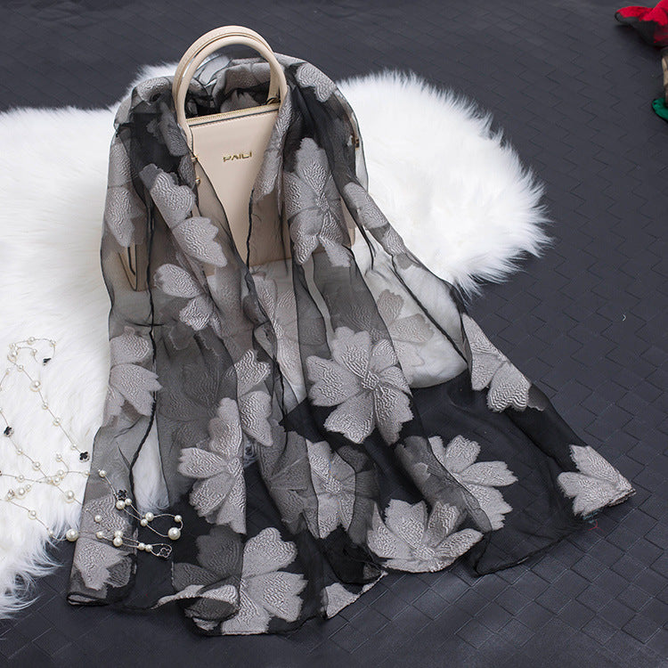 Chic Ladies Silk Scarf with Flowers - Pexav