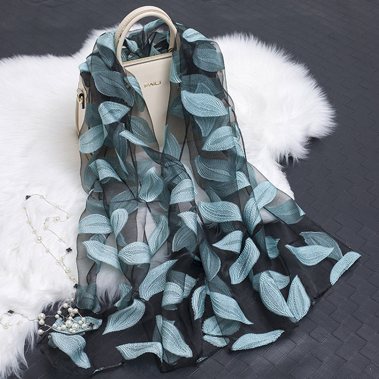 Trendy women's silk scarf with floral pattern and cut-out design – Fiora (1+1 FREE)-Leaves lake blue-Nora Luxe