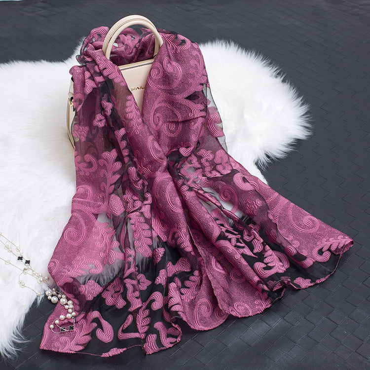 Trendy women's silk scarf with floral pattern and cut-out design – Fiora (1+1 FREE)-Purple flower-Nora Luxe