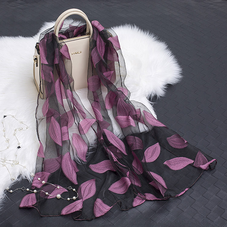 Trendy women's silk scarf with floral pattern and cut-out design – Fiora (1+1 FREE)-Purple leaves-Nora Luxe
