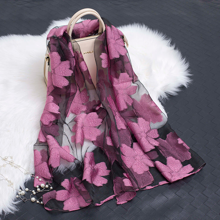 Trendy women's silk scarf with floral pattern and cut-out design – Fiora (1+1 FREE)-Purple-Nora Luxe