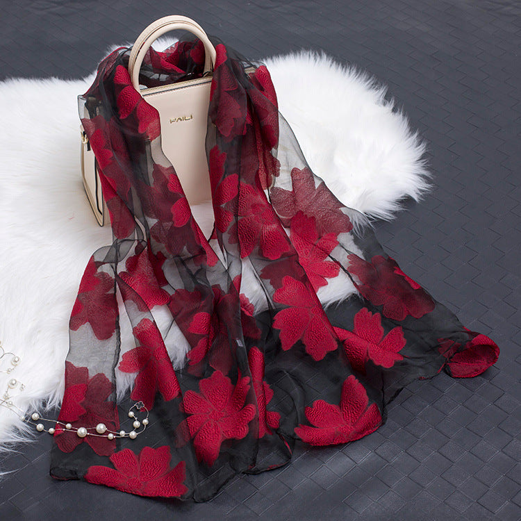 Trendy women's silk scarf with floral pattern and cut-out design – Fiora (1+1 FREE)-Wine red-Nora Luxe