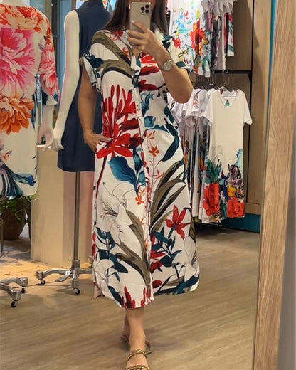 Trendy women's summer dress with print & shirt collar - Flora-S-Nora Luxe