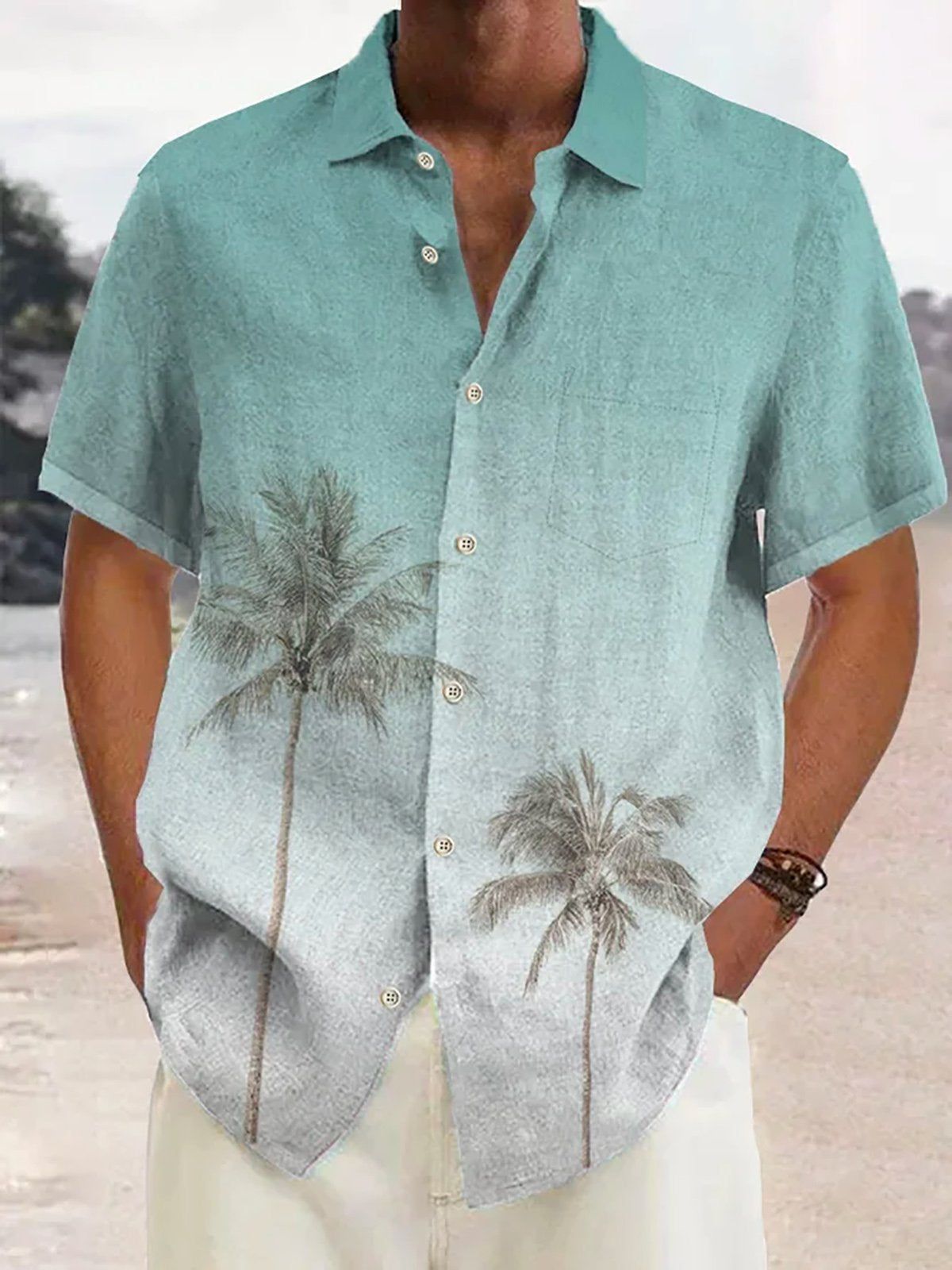 Hawaiian Mens Beach Shirt with Palm Tree Design - Pexav