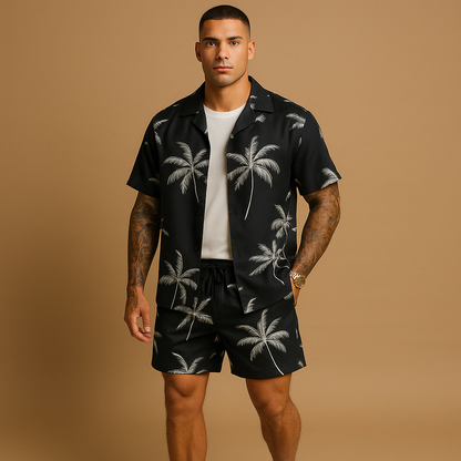 Tropical summer set for men with palm and feather print shirt and shorts, ideal for beach days, vacations, or relaxed summer outings.