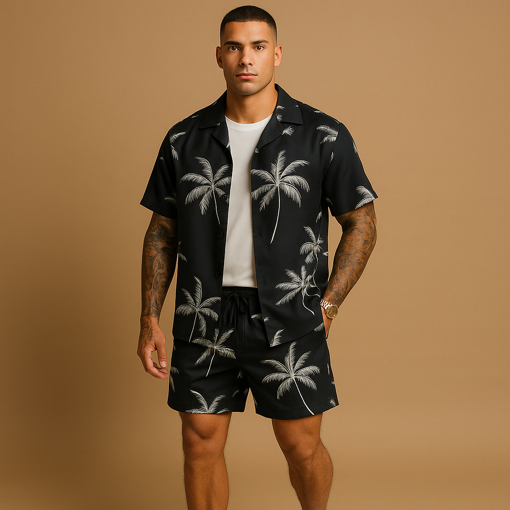 Men’s tropical summer set with palm and feather print, perfect for vacations, beach days, or relaxed summer outings.