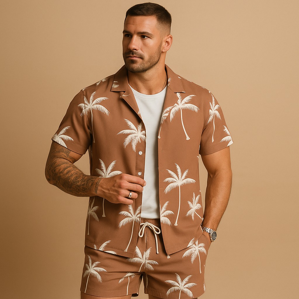 Men’s tropical summer set with palm and feather print, perfect for vacations, beach days, or relaxed summer outings.