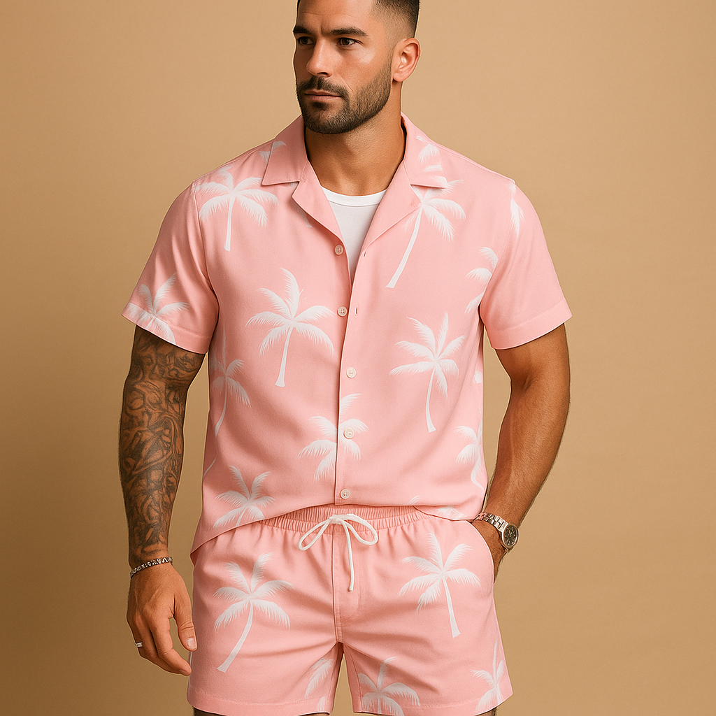 Men’s tropical summer set with palm and feather print, perfect for vacations, beach days, or relaxed summer outings.
