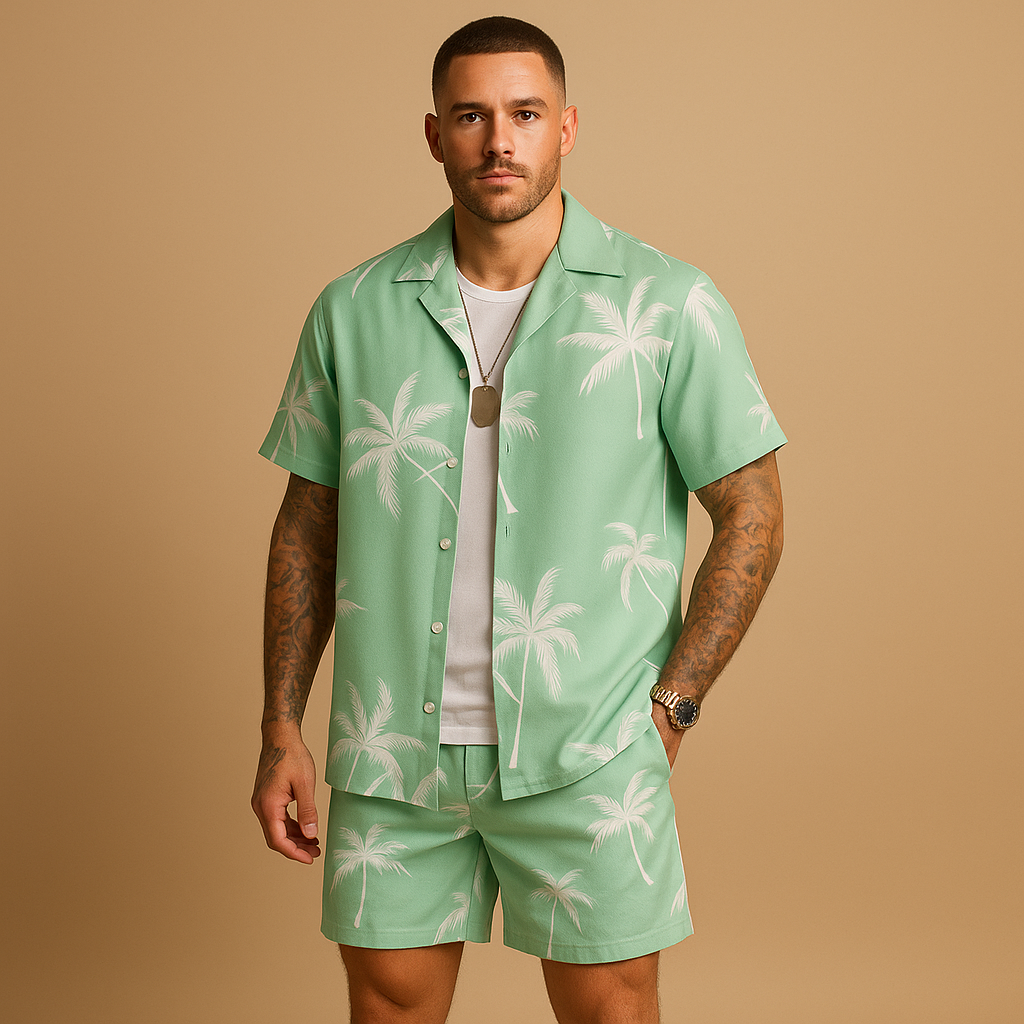 Men’s tropical summer set with palm and feather print, perfect for vacations, beach days, or relaxed summer outings.