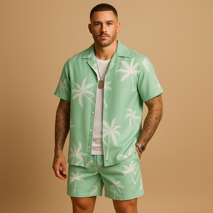 Men’s tropical summer set with palm and feather print, perfect for vacations, beach days, or relaxed summer outings.