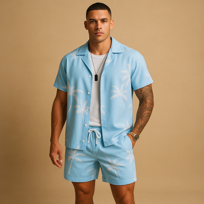 Men’s tropical summer set with palm and feather print, perfect for vacations, beach days, or relaxed summer outings.
