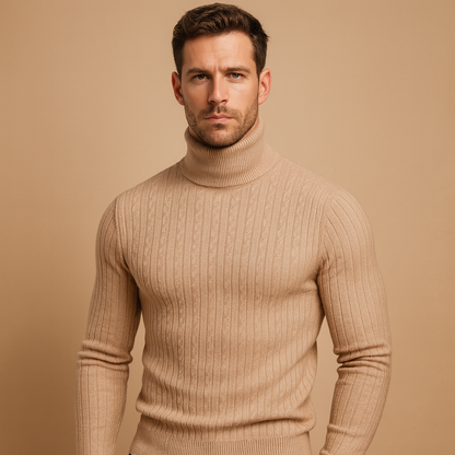 Men’s turtleneck knitted sweater with a soft, warm fit and classic design, ideal for autumn and winter wear or elegant everyday looks.