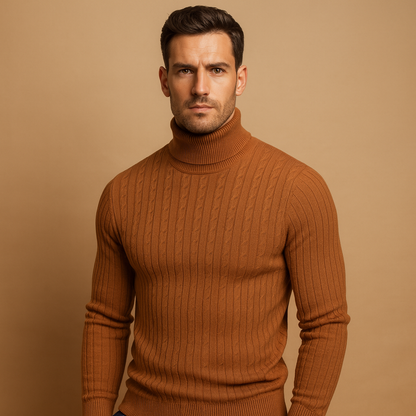 Men’s turtleneck knitted sweater with a soft, warm fit and classic design, ideal for autumn and winter wear or elegant everyday looks.