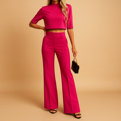 Elegant two piece autumn set for women with cropped top and matching pants, soft fabric and tailored fit, perfect for work, leisure, or casual days.