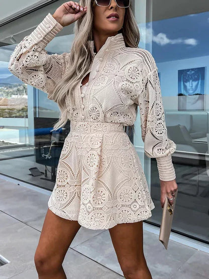 Two-piece lace set for women for summer – Mira-Khaki-S-Nora Luxe
