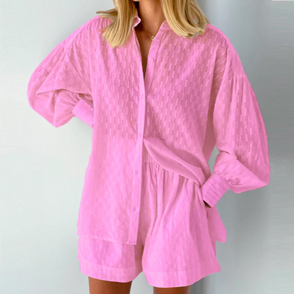 Two-Piece Ladies Summer Set with Lantern Sleeves – Nina-Pink-XS-State of Style
