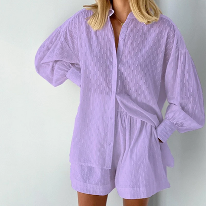 Two-Piece Ladies Summer Set with Lantern Sleeves – Nina-Purple-XS-State of Style