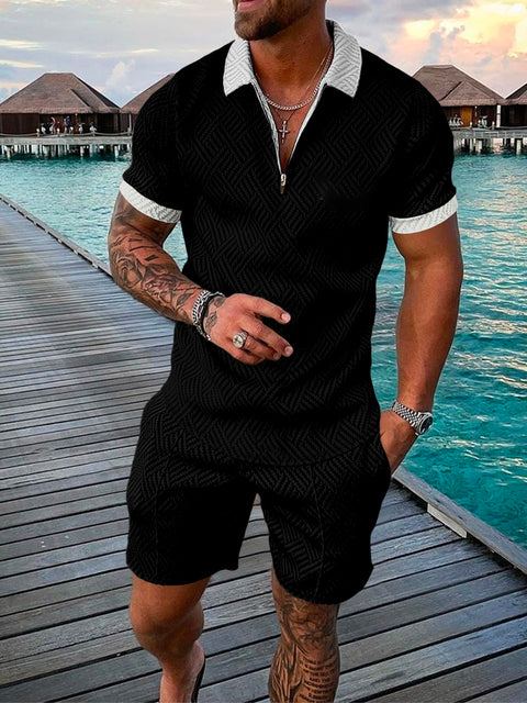 Two-piece Men's Summer Set with Polo and Shorts – Damon-Black-S-State of Style