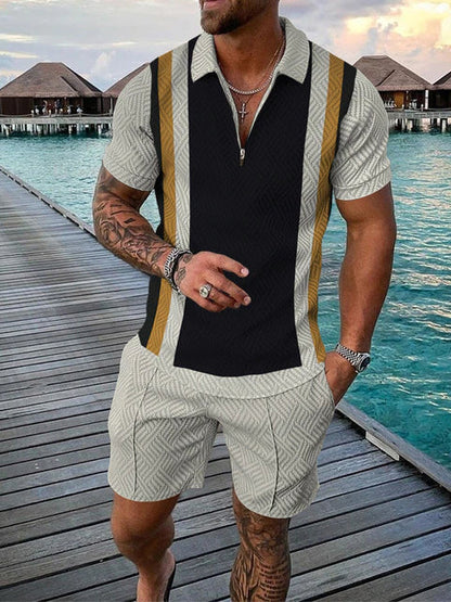 Two-piece Men's Summer Set with Polo and Shorts – Damon-Black/Beige-S-State of Style