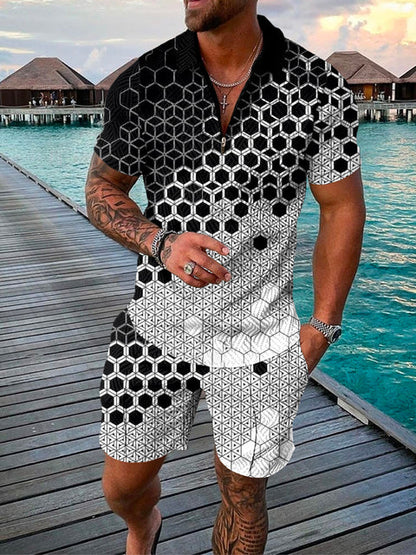 Two-piece Men's Summer Set with Polo and Shorts – Damon-White/Pink-S-State of Style