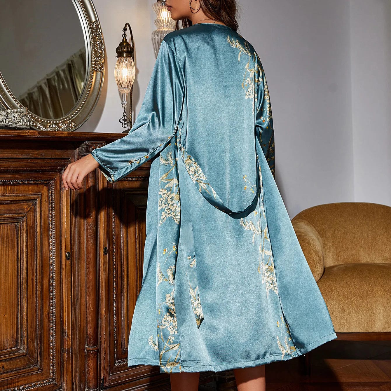 Two-Piece Satin Nightwear Set for Women with Slip Dress & Kimono – Salena-Blue-S-Nora Luxe