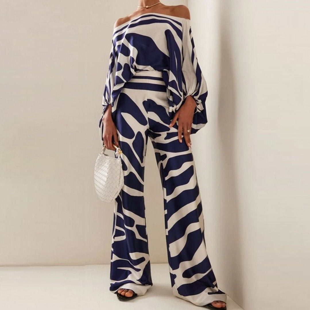 Two-Piece Satin Set with Pattern – Selena-Blue-S-The Livary