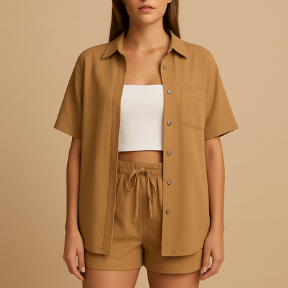 Women’s two-piece summer set with half-length cardigan and drawstring shorts, perfect for beach days, lounging, or casual wear.
