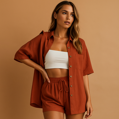 Women’s two-piece summer set with half-length cardigan and drawstring shorts, perfect for beach days, lounging, or casual wear.
