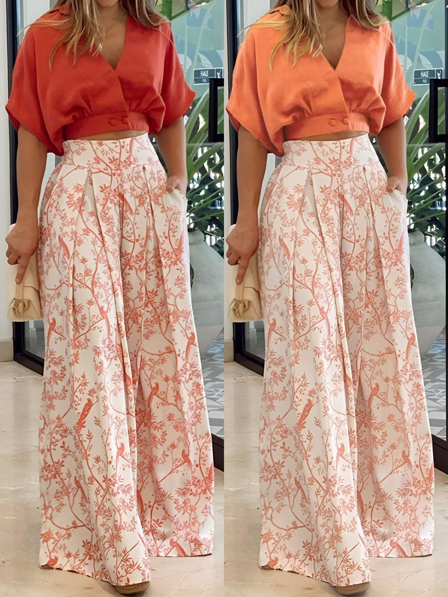 Two-Piece Summer Set with Loose Blouse and Wide Trousers – Élise-Orange-S-The Livary