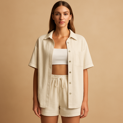 Women’s two-piece summer set with half-length cardigan and drawstring shorts, perfect for beach days, lounging, and everyday summer comfort.