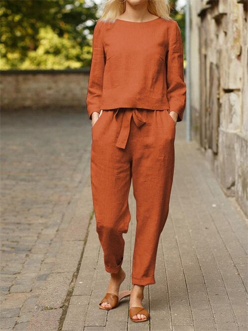 Two-piece women's outfit with round neck t-shirt & trousers with elastic waistband – Nia-Orange-S-Nora Luxe