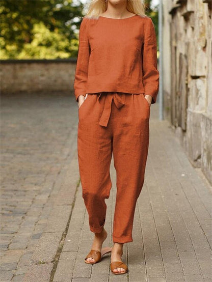 Two-piece women's outfit with round neck t-shirt & trousers with elastic waistband – Nia-Orange-S-Nora Luxe