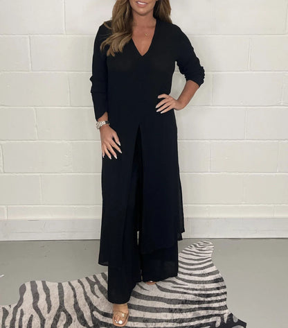 Two-piece women's set with wide trousers – Trendy & Airy – Cosima-Black-S-Nora Luxe