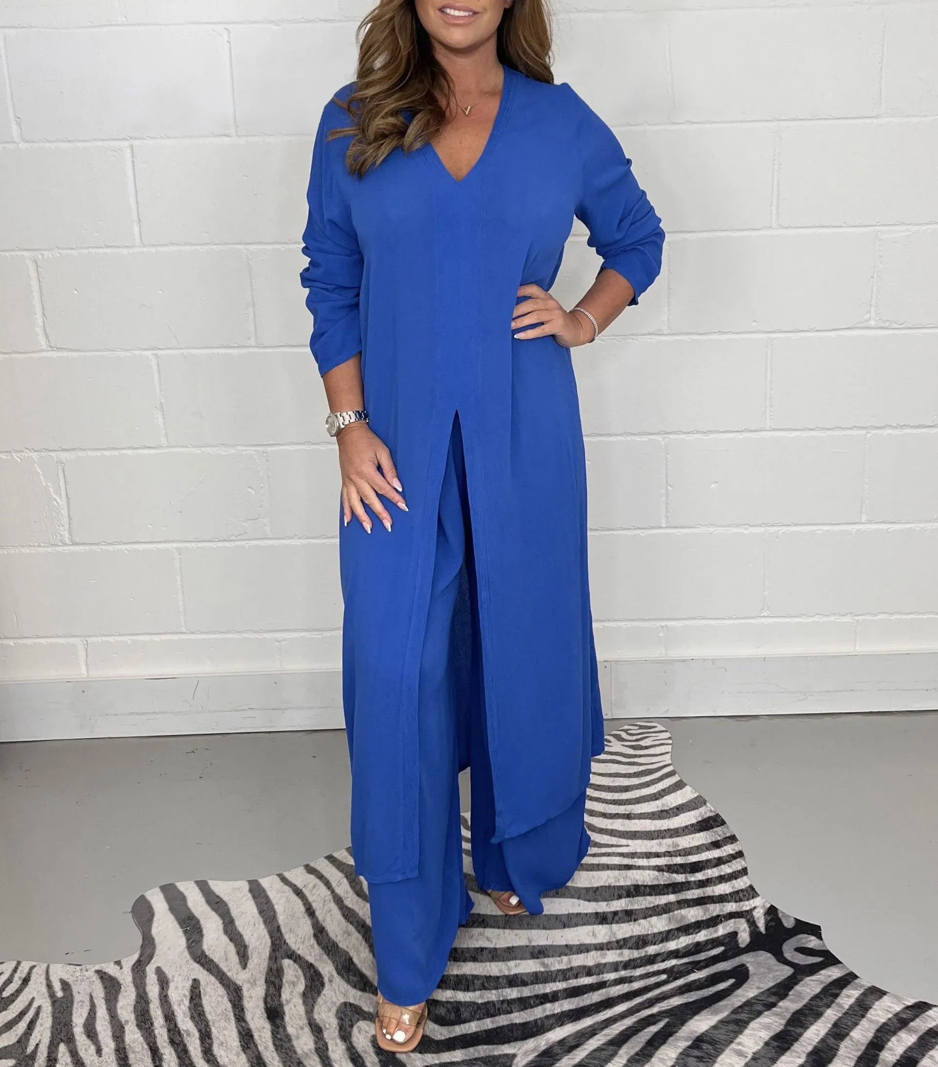 Two-piece women's set with wide trousers – Trendy & Airy – Cosima-Blue-S-Nora Luxe