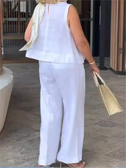 Two-piece women's summer set made of linen with sleeveless blouse – Maelics-Yellow-S-Nora Luxe