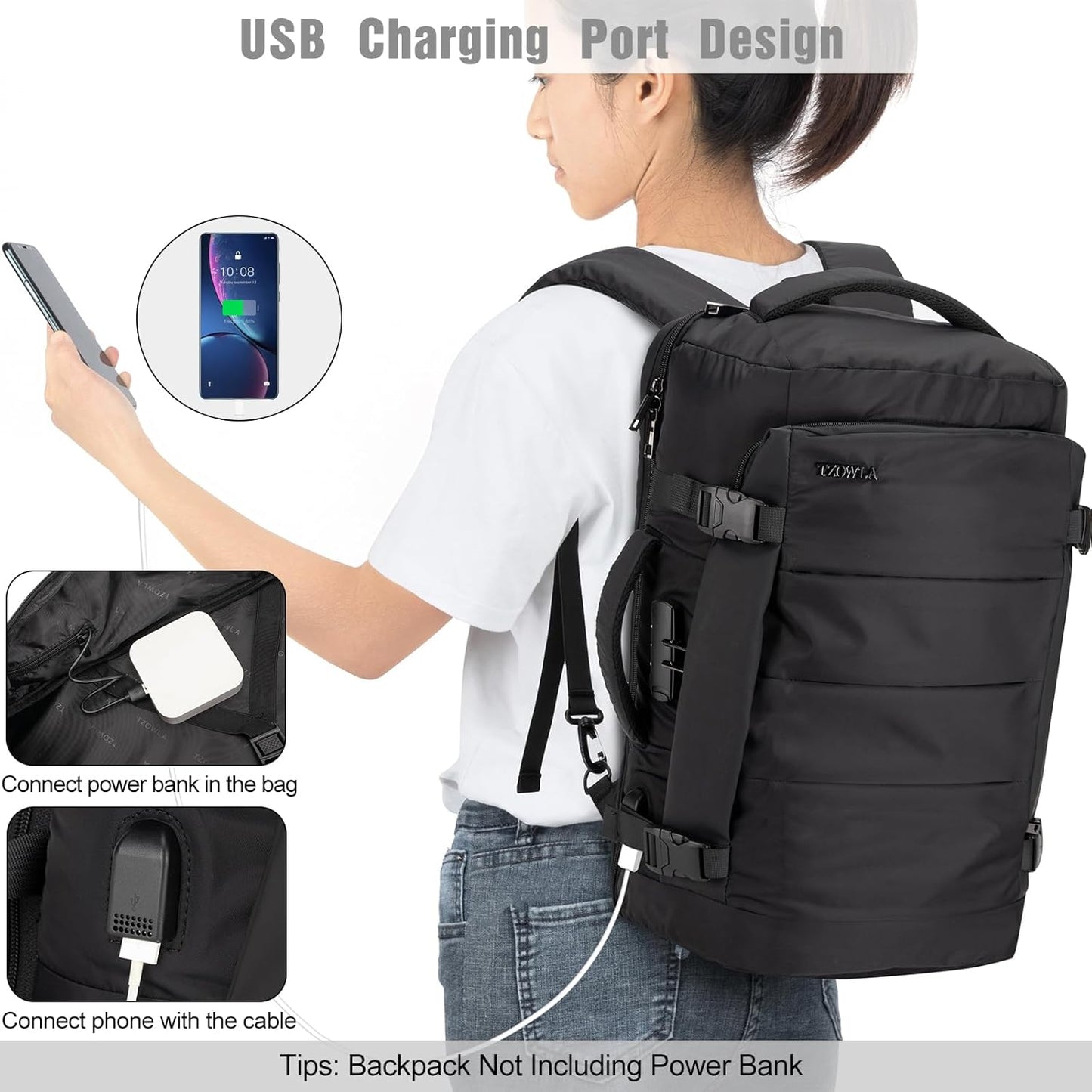 Waterproof 40L Laptop Travel Bag with USB ChargerPocket