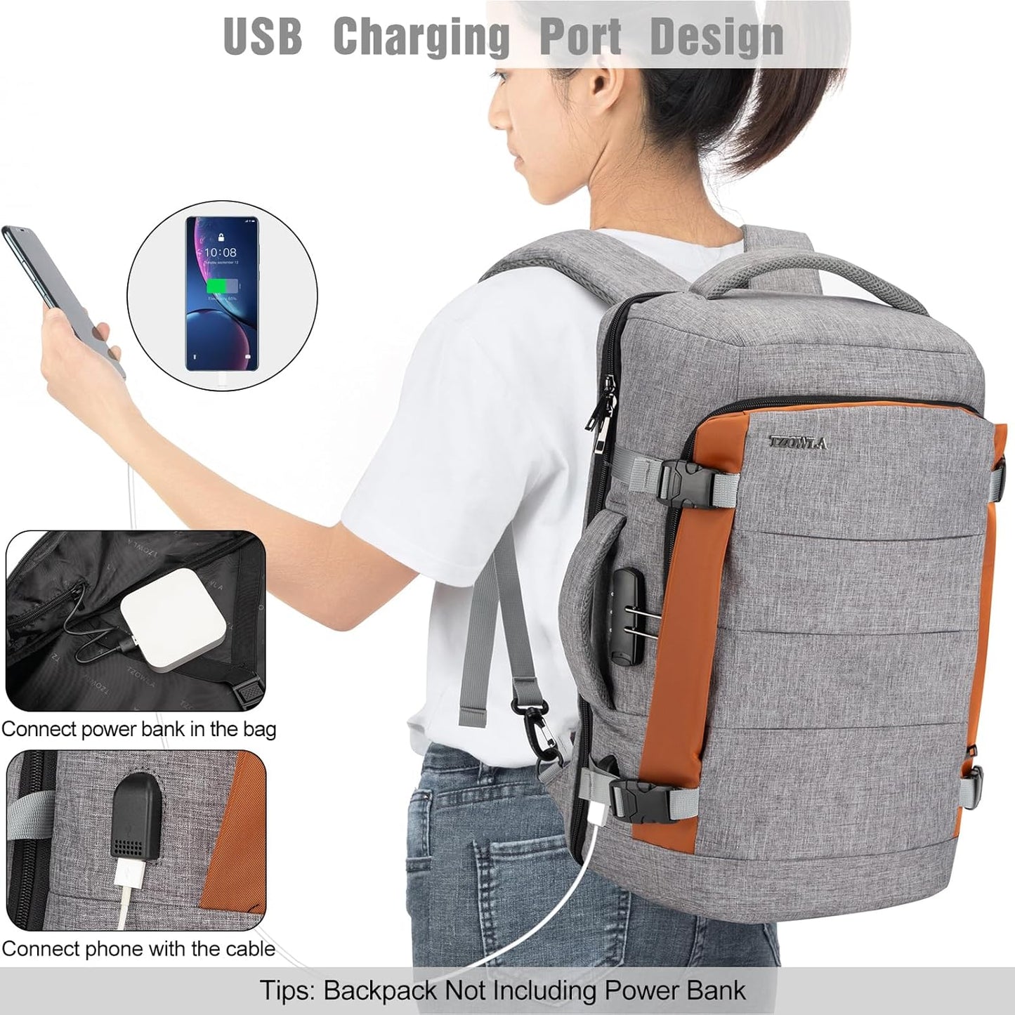 Waterproof 40L Laptop Travel Bag with USB ChargerPocket
