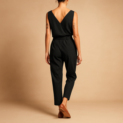 Women’s V-neck belted jumpsuit with adjustable waistband and long legs, available in dark blue, caramel, and black for summer and casual wear.