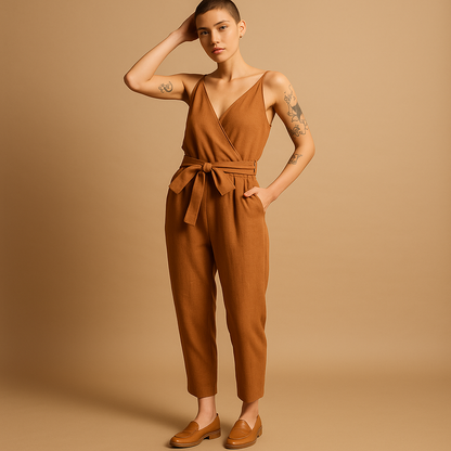Women’s V-neck belted jumpsuit with adjustable waistband and long legs, available in dark blue, caramel, and black for summer and casual wear.
