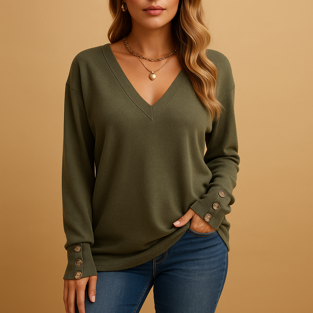 Elegant V-neck blouse for women with button details and a loose fit, perfect for daily wear and professional outfits.