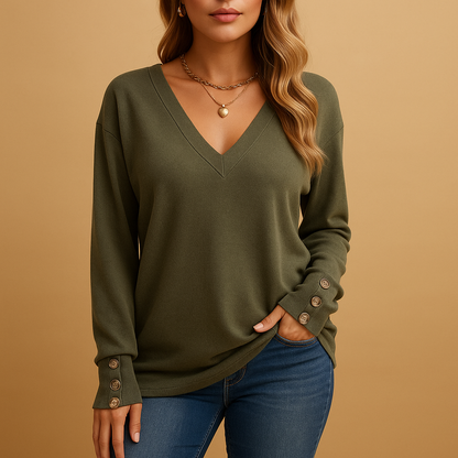 Elegant V-neck blouse for women with button details and a loose fit, perfect for daily wear and professional outfits.
