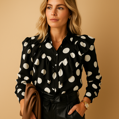 Elegant V-neck blouse for women with subtle ruffles and a light stretch fit, perfect for both casual and formal outfits.