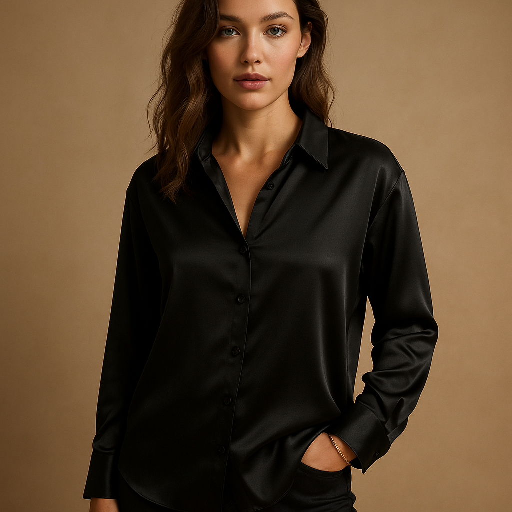 Elegant V-neck button blouse for women with a collar, available in soft neutral tones, perfect for both casual and formal occasions.