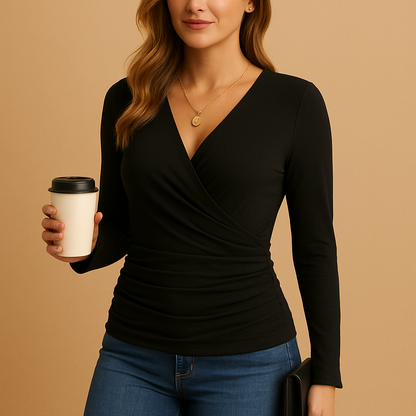 Elegant V-neck long sleeve shirt for women in brown, black, and green, ideal for both work and casual everyday wear.
