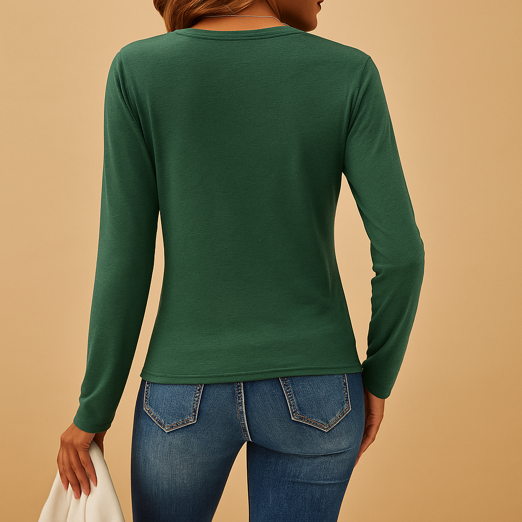 Elegant V-neck long sleeve shirt for women in brown, black, and green, ideal for both work and casual everyday wear.