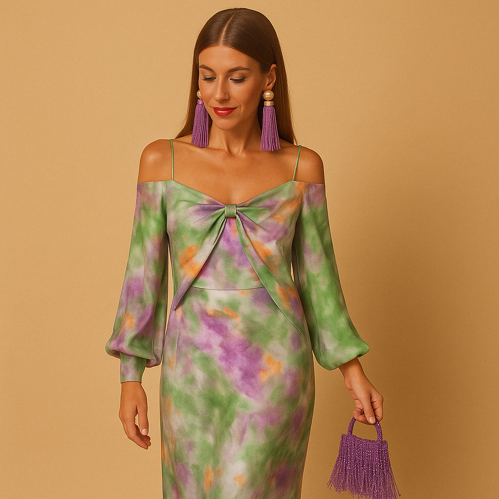 V-neck maxi dress for women named Amara, featuring a halo-dye print and flowy silhouette, perfect for beach weddings, vacations, and summer events.