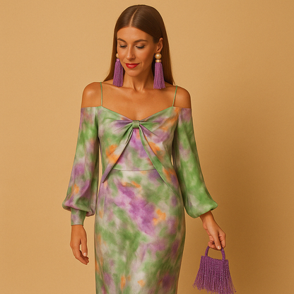 V-neck maxi dress for women named Amara, featuring a halo-dye print and flowy silhouette, perfect for beach weddings, vacations, and summer events.