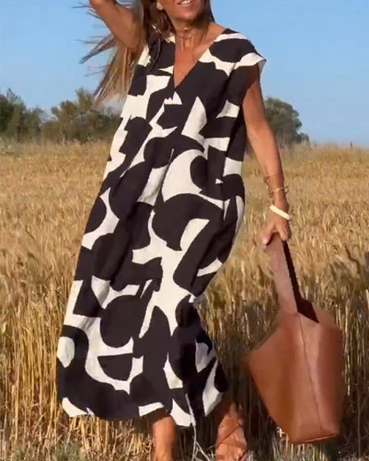 Trendy V Neck Printed Maxi Dress - Pexav