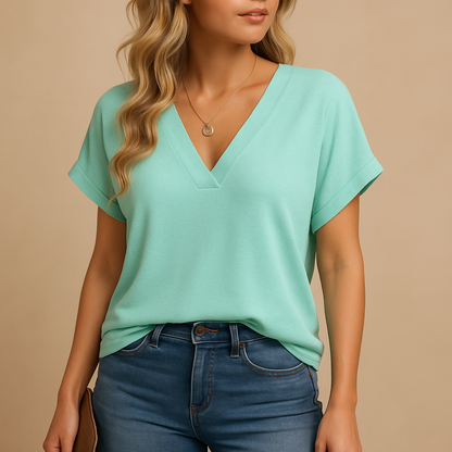 Women’s V-neck puff sleeve blouse in pink, gray, black, blue, light blue, and sea green — lightweight, elegant, and perfect for work or casual wear.